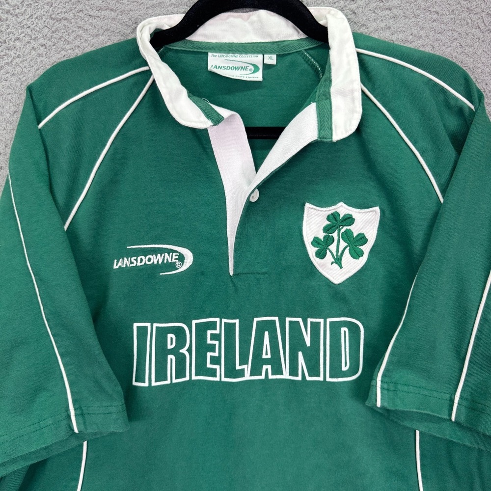 VTG Ireland Rugby Polo Mens XL Green Lansdowne Jersey Sport Preppy Distressed
